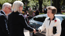 Princess Anne greets the Governor General of the Commonwealth of Australia, Ms Sam Mostyn, at Anzac Park Memorial in Hyde Park, Sydney, prior to the Remembrance Sunday Service