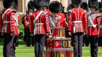 The regimental drums were stacked to form the altar for the drumhead service, as each new Colour must receive a blessing from the padre