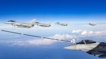 An RAF Voyager refuels Typhoons from XI(F) Sqn, 1 (F) Sqn and II (AC) Sqn as they head to Nevada in the United States for Exercise Red Flag