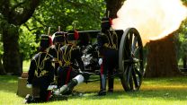 Soldiers from The King's Troop, Royal Horse Artillery fired a 41-gun salute with their historic 13-pounders for the King's Birthday Parade