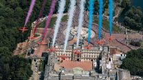 The Red Arrows joined in the flypast over Buckingham Palace using nine Hawk T1s - while their flypasts this season will continue to use all nine jets, their aerobatic displays are being cut to just seven Hawks