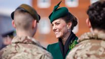 Catherine, Princess of Wales, who is Colonel of the Irish Guards, speaks to soldiers from the regiment at Mons Barracks in Aldershot