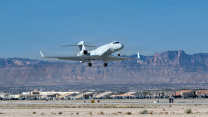 U.S. Air Force EC-37B Compass Call assigned to the 55th Electronic Combat Group, Davis Monthan Air Force Base, Arizona, takes off on Exercise Red Flag