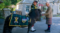King Charles III meets Shetland pony Cpl Cruachan IV during an inspection of the Balaklava Company, 5th Battalion, The Royal Regiment of Scotland