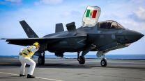 An Italian navy F-35B launches from the flight deck of HMS Prince of Wales to take part in Exercise Neptune Strike