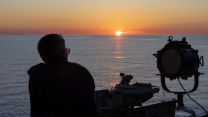 HMS Richmond's Commanding Officer Colonel Richard Kemp stands on the Bridge as the vessel transit the Taiwan Strait