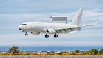 The first Wedgetail AEW Mk1 airborne early warning aircraft destined to serve with the Royal Air Force arrives at RAF Lossiemouth flown by a mixed crew of Boeing and RAF personnel