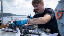 22102026 An engineer strips the internal components of HMS Trent's 30mm gun Picture MOD