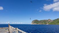 22102026 The drone departs HMS Trent's flight deck to deliver essential supplies ashore Picture MOD