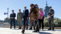 Indigenous Leader Barry Winmar conducts the welcome ceremony for HMS Anson