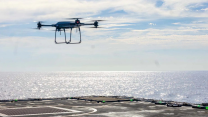 The Malloy T-150B lifts off from HMS Trent during the first heavy-lift drone flights from a River-class Batch 2 patrol ship 
