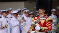 The Scots Guards Drum Major and the Ukrainian Naval Forces Band at Wellington Barracks before marching to Buckingham Palace (Picture: MOD)