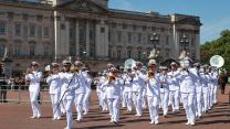 The Ukrainian Naval Forces Band marching out of Buckingham Palace after the performance had finished (Picture: MOD)