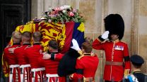 The State Gun Carriage carries the coffin of Queen Elizabeth II in the Ceremonial Procession during her State Funeral in London
