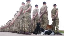 Oakley and Poppy line up with soldiers to greet the Princess Royal during a visit to Kendrew Barracks in Cottesmore (Picture: PA)