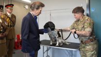 The Princess Royal with explosives search dog Oakley during a visit to Kendrew Barracks in Cottesmore pic PA