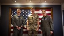 Left, Commanding Officer of USS Gerald R Ford and right, Rear Admiral Paul Lanzilotta, Commander of Carrier Strike Group 12