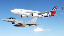 An RAF Voyager plays intruder as a Typhoon carries out a quick reaction alert interception, deploying flares to deter heat-seeking missiles