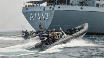 The exercise also saw the two forces conduct a boarding of German replenishment tanker, Rhön  