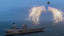 A Merlin helicopter from 820 Naval Air Squadron loaded and fired flares from HMS Prince of Wales 27022024 CREDIT MOD
