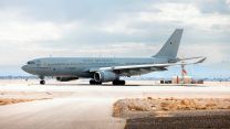 A Royal Air Force 10 101 Squadron Voyager prepares to take off on a refuelling mission