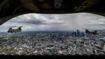 A formation of three RAF Chinook helicopters from 7 Squadron, are seen here taking part in a flypast over London as part of The Kings Birthday Parade (Picture: MOD)