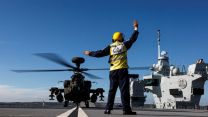 Army Air Corps Apache helicopters working with HMS Prince of Wales after joining the carrier in Portsmouth for trials (Picture: MOD).