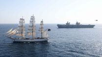 Air shot of Flag Ships Shabab Oman II and HMS Queen Elizabeth in Oman 31102021 Credit HMSQE Twitter.jpeg 