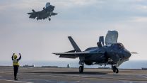 Aircraft handler at work as F-35Bs carry out flight operations from HMS Queen Elizabeth