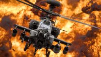 The Army Air Corps Apache Display Team in front of a wall of fire (Picture: MOD). 
