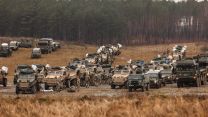 Army Vehicles lined up on Drawsko Pomorskie Training Area (DPTA), Poland, on Ex Steadfast Defender 22022024 CREDIT MOD