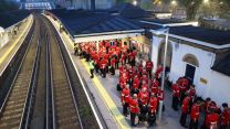 Army contingent wait for their train to London Waterloo to the Coronation of King Charles III 060523 CREDIT MOD