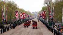 Army personnel marching down the Mall ahead of the coronation of King Charles III 