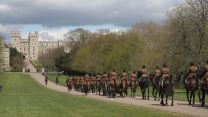 Personnel from King's Troop Royal Horse Artillery on Windsor Castle's Long Walk, during a rehearsal for Prince Philip's funeral (Picture: PA/Alamy).