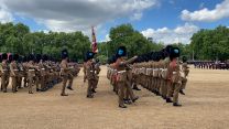 Troops of the Household Division practise their steps for Trooping the Colour at the Brigade Major’s Review 190522 CREDIT BFBS 