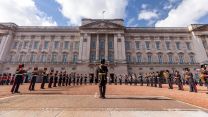 Band members of Royal Regiment of Canadian Artillery perform outside Buckingham Palace