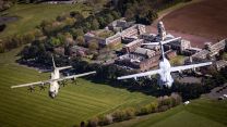 C-130J Hercules and A400M Atlas (right) above RAF College Cranwel in a rehearsal Coronation Flypast 25042023 CREDIT MOD Crown Copyright.jpg