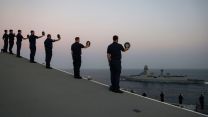 Carrier Strike Group leaving India in October with traditional cheer ship farewell (Picture: HMSQE Twitter). CSG21 Engagement and exercises with Indian Armed Forces ends with traditional cheer ship 28102021 Credit HMSQE Twitter.jpeg