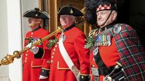 Chelsea Pensioners, at the Royal Hospital Chelsea, taking part in the Founder's Day parade