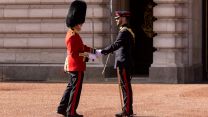 Coldstream Guards (red) handing over guard duties to the Royal Regiment of Canadian Artillery 04102021 Credit MOD.jpg