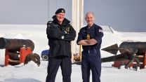 Commander Thor Straten (left) and Captain Steve Higham (right) stand in the snow on Arctic island of Jan Mayen 130422 CREDIT Royal Navy