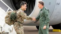 Commander of 16 Air Assault Brigade Brigadier James Martin being greeted by Air Mobility Force Commander Air Commodore David Manning at RAF Brize Norton after returning from Afghanistan 