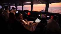 Commanding Officer of HMS DIAMOND, Commander Peter Evans RN during HMS DIAMONDS final transit through the Bab-el-Mandeb strait (Picture: Gareth Smith Royal Navy)