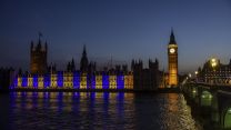 Ukrainian colours light up the river frontage of the Palace of Westminster (Picture: MOD)