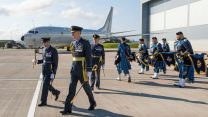 Deputy Commander Operations, Air Marshal Gerry Mayhew inspects the Pipes and Drums Band accompanied by the Station Commander of RAF Lossiemouth 01092021 CREDIT MOD