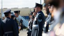Deputy Commander Operations, Air Marshal Gerry Mayhew inspects the parade of 120 Squadron, accompanied by the Station Commander of RAF Lossiemouth 01092021 CREDIT MOD