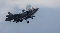 F-35B jet from 617 Squadron prepares to land on HMS Queen Elizabeth 