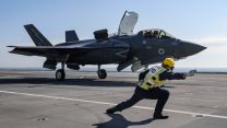 F-35B jet receives the signal to take off from HMS Queen Elizabeth 110923 CREDIT MOD