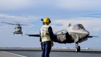 F-35B Lightning II jets from 617 Squadron and from US Marine Corps VMFA 211 embarked on the Royal Navy flagship HMS Queen Elizabeth interoperability between ships and strike fighter 20210820 Credit MOD Crown Copyright.jpg