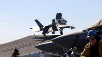 F35B Lightning Jet launch from HMS Queen Elizabeth as the UK Carrier Strike Group joins the fight against ISIS